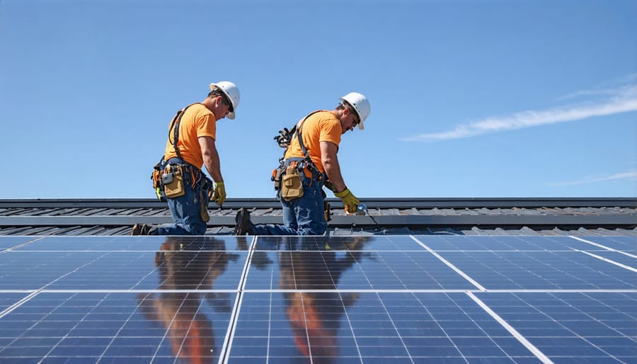 Professional solar installers in safety gear mounting solar panels on a residential roof