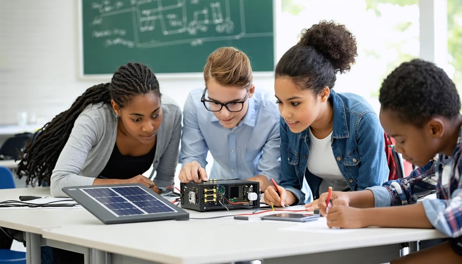Solar energy training class with diverse students examining solar panels