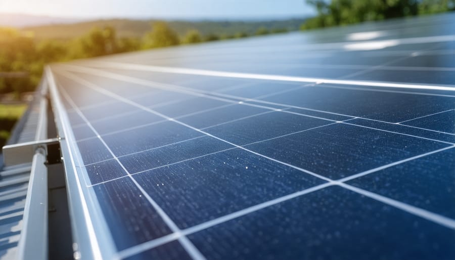 Diverse group of trainees learning solar panel installation techniques on practice equipment