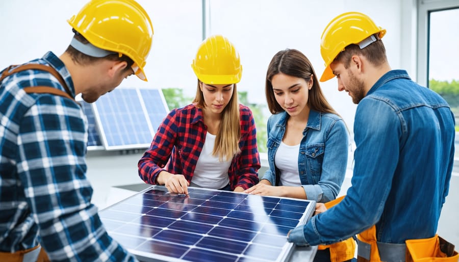 Mixed group of trainees practicing solar panel installation in a vocational education setting