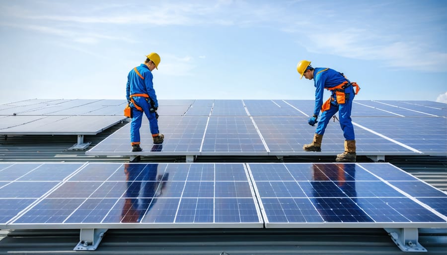 Professional solar installers working on a residential rooftop installation