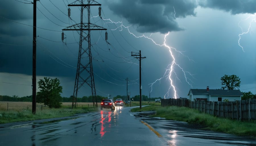 Storm-damaged power lines and tilted utility poles on residential street after severe weather