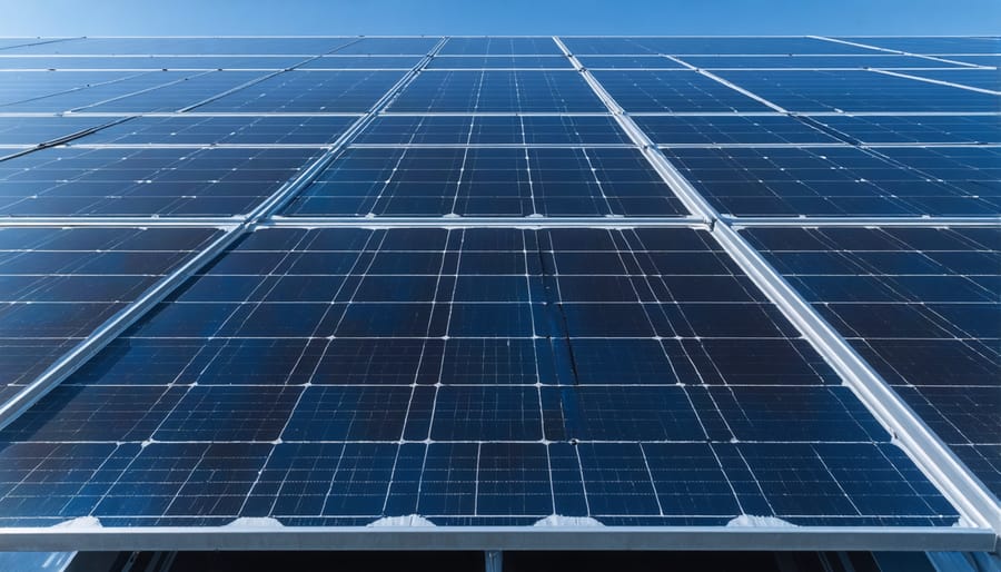 Solar panel array against dramatic stormy sky
