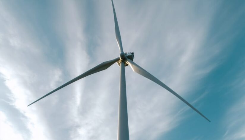 "A modern wind turbine stands tall against the prairie sky in Illinois, highlighting the progress of wind energy."