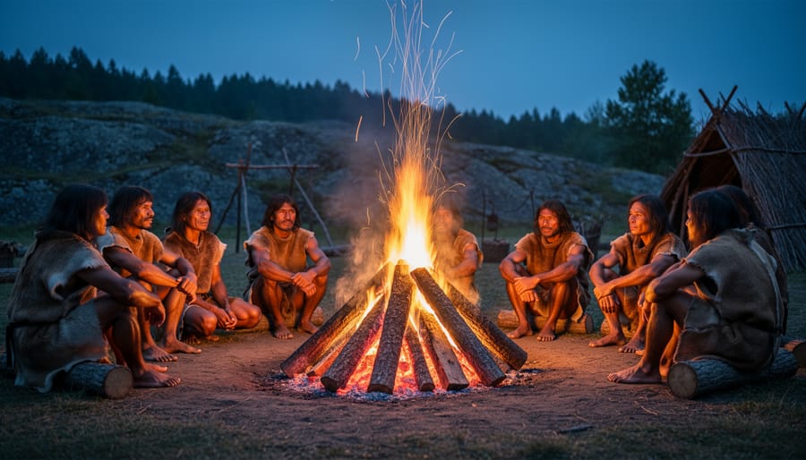 Ancient campfire with burning wood logs in stone circle at twilight