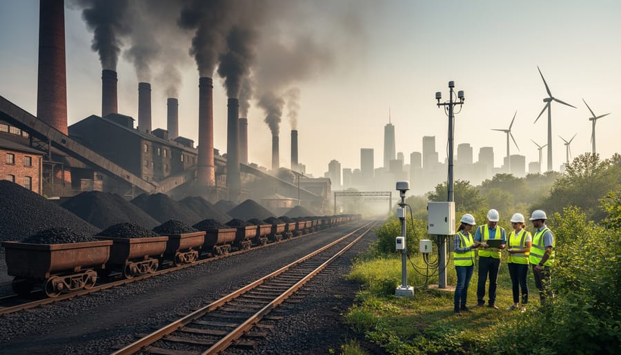 Historic coal power plant with brick smokestacks against gray sky
