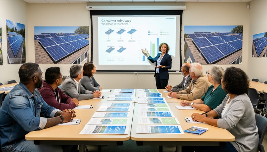 Group of people attending solar energy educational workshop led by consumer advocacy organization