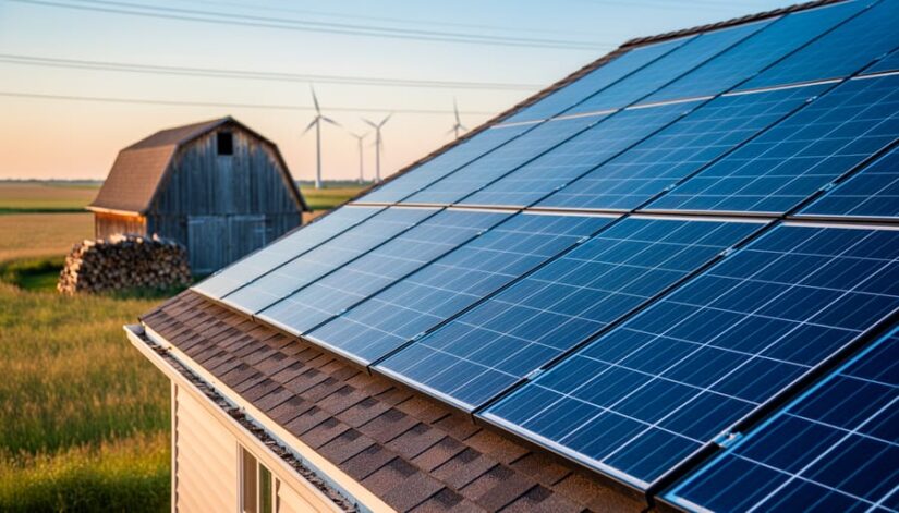 Solar panels on an Illinois farmhouse roof at golden hour with a stacked firewood pile beside a weathered barn and distant wind turbines and power lines across prairie fields