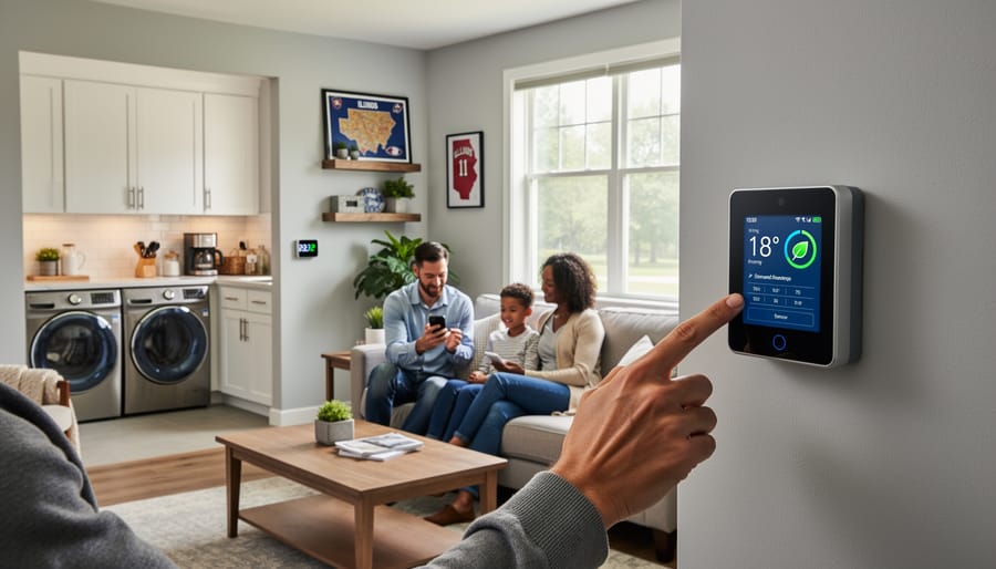 Family in modern kitchen managing energy usage with smart thermostat and efficient appliances