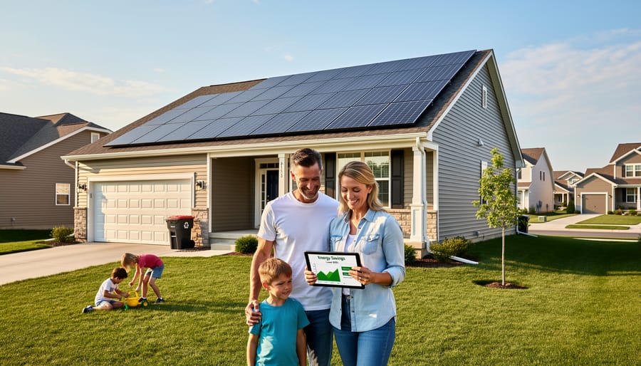 Family viewing their newly installed rooftop solar panel system