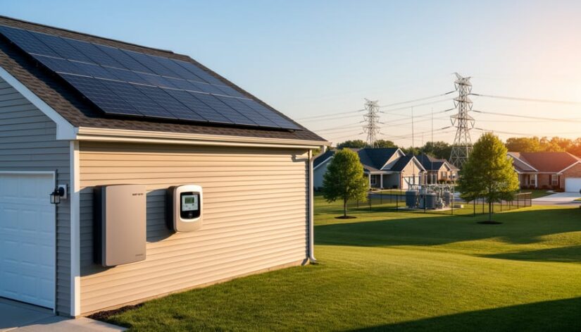 Modern Midwestern suburban house with rooftop solar panels, home battery unit, and smart electric meter, with transmission lines and a small substation in the background under warm evening light.