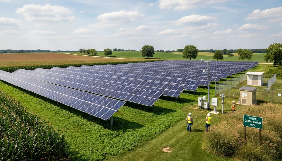 Solar panel installation on Illinois agricultural land with farm fields in background