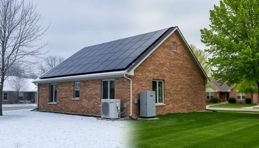 Illinois home with rooftop solar panels, an outdoor heat pump unit, and a wall-mounted battery cabinet, depicted with snow on one side and a green summer lawn on the other to show all-season solar comfort.