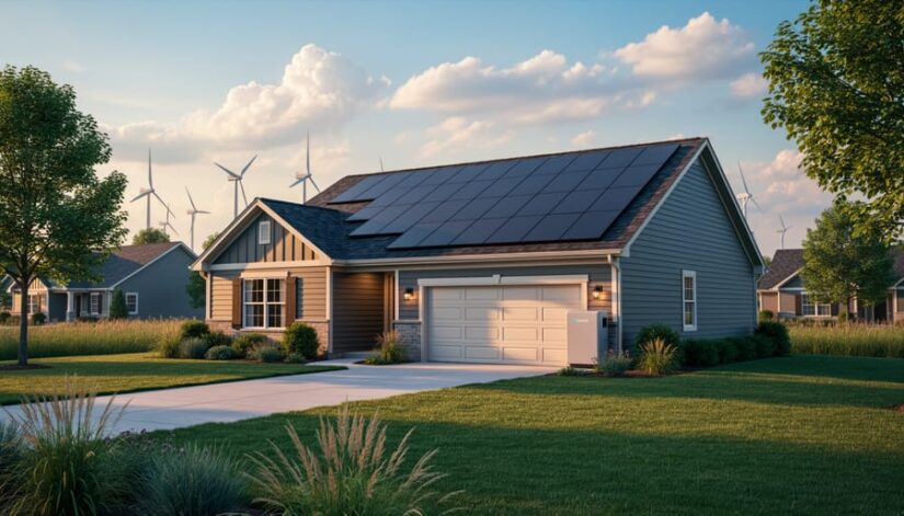 Illinois suburban home with roof-mounted solar panels and an exterior battery storage cabinet at golden hour, with trees and faint wind turbines on the horizon under partly cloudy skies.