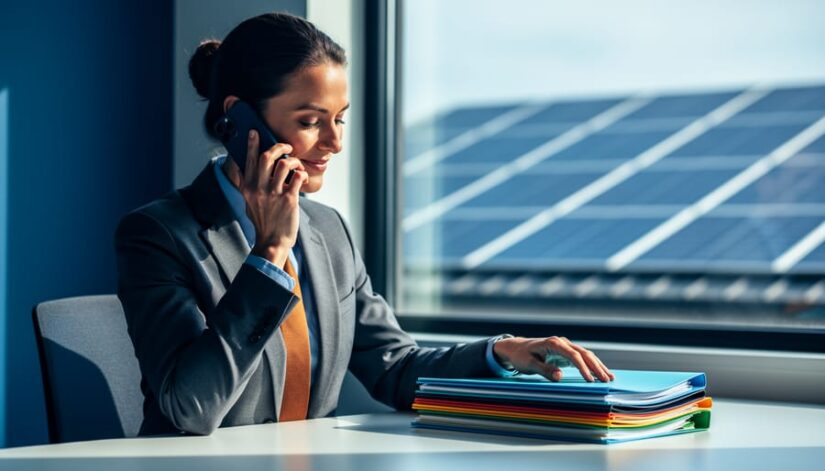 Solar sales consultant on a phone call in a bright modern office, organizing color-coded folders on a desk, with blurred rooftop solar panels visible through a window, shallow depth of field and warm natural light.