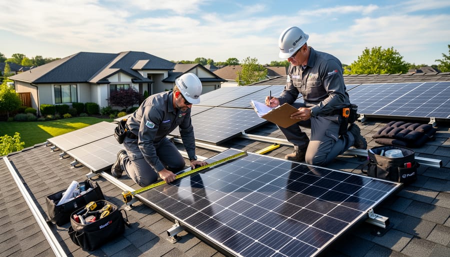 Solar installer's hands carefully positioning panel on roof mounting system during professional installation