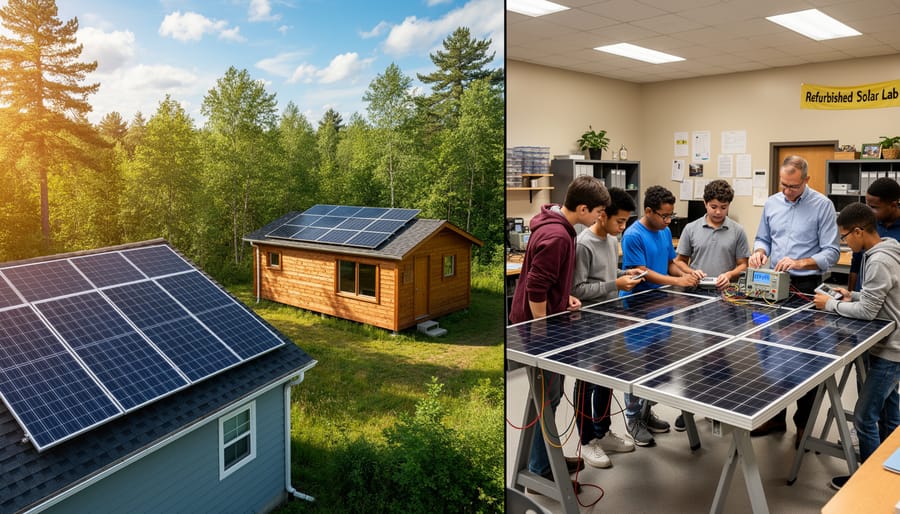 Refurbished solar panels installed on small building in natural setting