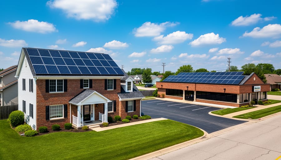 Solar panel array installed on residential rooftop under blue sky
