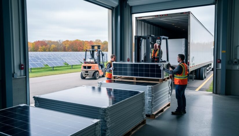 Two technicians in safety vests palletize decommissioned solar panels at a clean warehouse loading dock with an unbranded forklift and open semi-trailer, while a solar array and autumn trees are visible outside under soft overcast light.