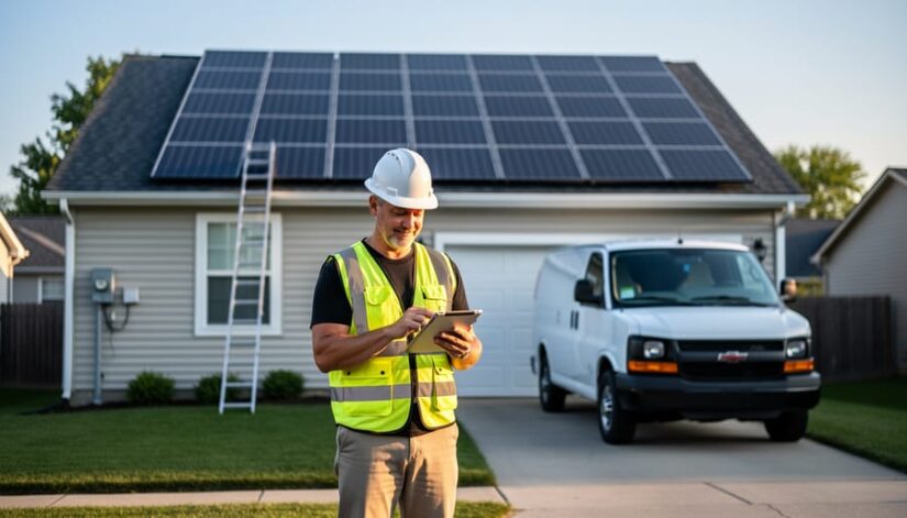 Solar inspector in safety vest and hard hat examining completed rooftop panels at a suburban Illinois house, holding a tablet with a ladder and utility meter nearby, unmarked van blurred in the background.