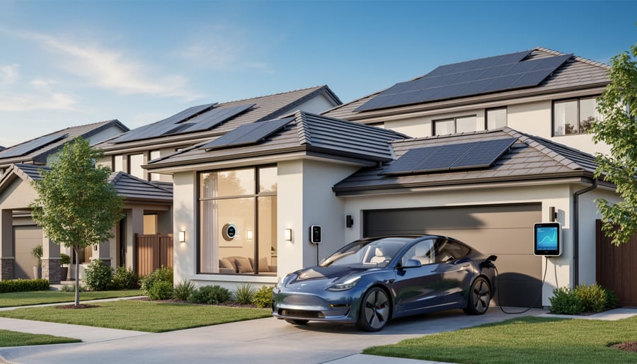 Contemporary residential home with visible solar panels on roof and smart home technology