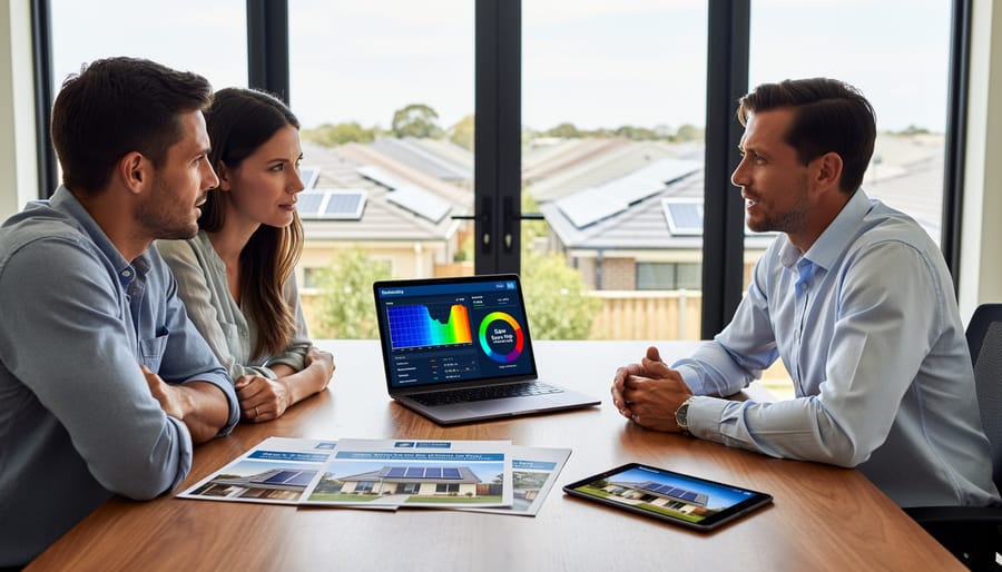 Solar company representative meeting with homeowner at residence with solar panels on roof