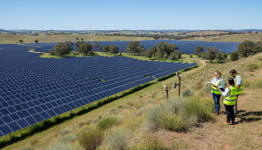 Aerial view of solar farm showing panel arrays integrated with natural landscape and vegetation buffers