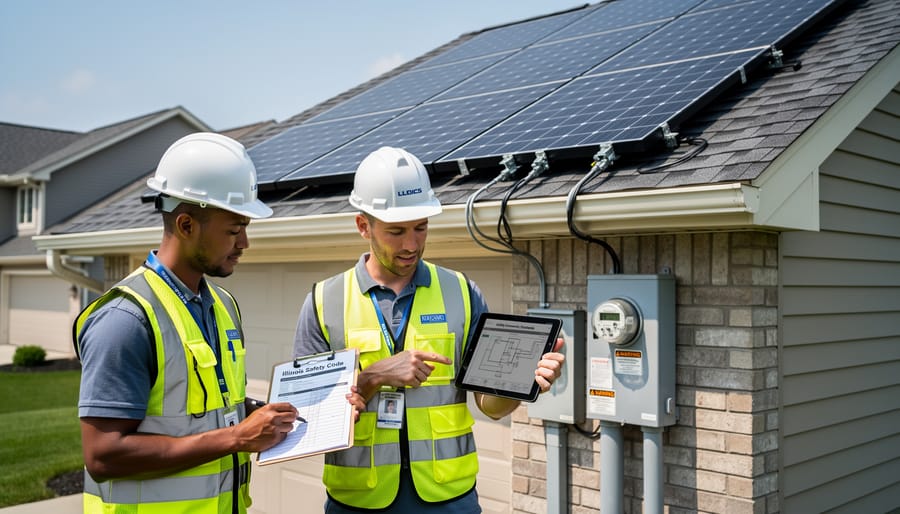 Building inspector examining residential solar panel installation on rooftop