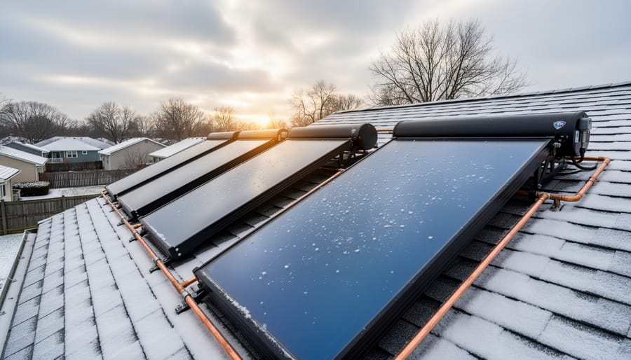 Residential home with solar thermal collectors and photovoltaic panels installed on roof