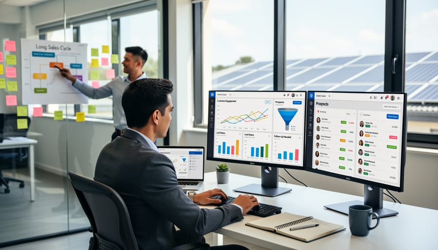 Business professional reviewing customer engagement data on tablet with solar panels visible in background