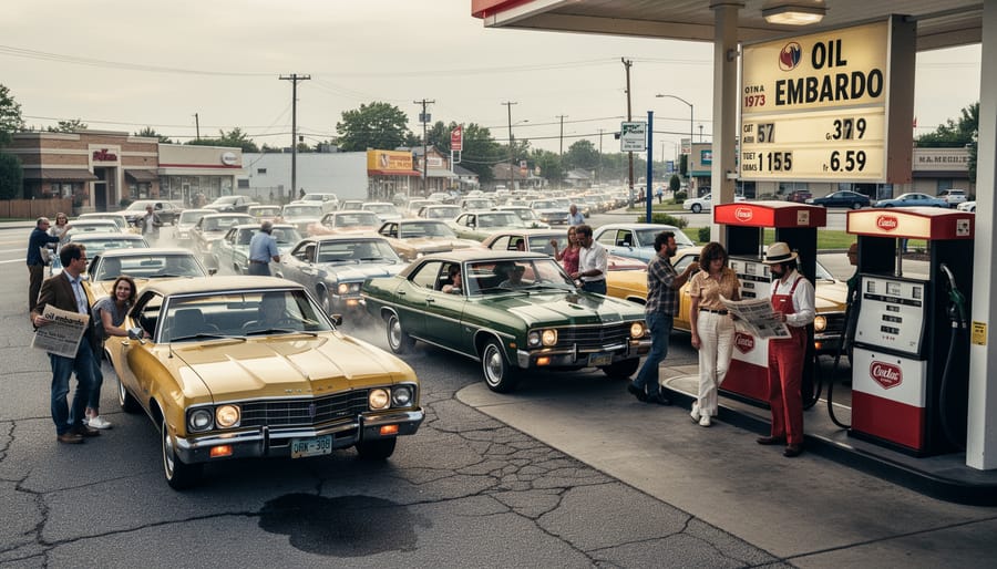 Long line of 1970s-era cars waiting at a gas station during the oil crisis