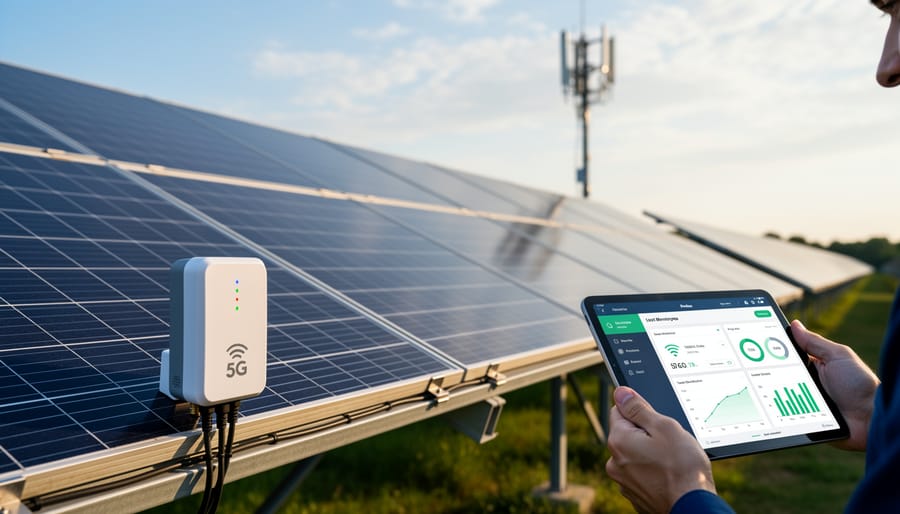 Solar panels on residential rooftop with attached 5G IoT monitoring devices