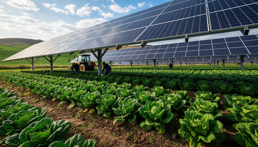 Vegetables growing beneath elevated solar panels in an agrivoltaic farming system