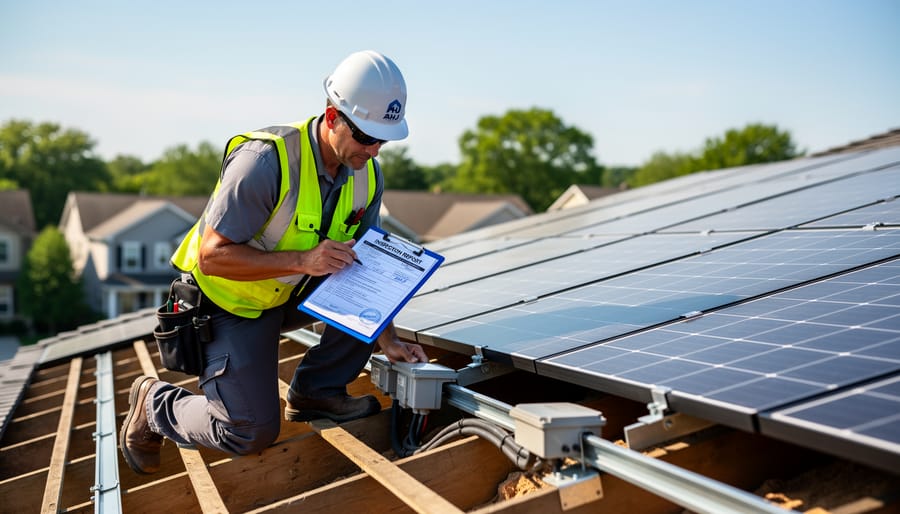 Building inspector in safety vest examining rooftop solar panel installation