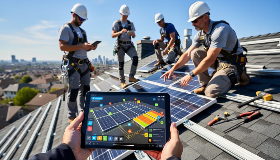 Solar installer using tablet with AR technology while assessing residential rooftop