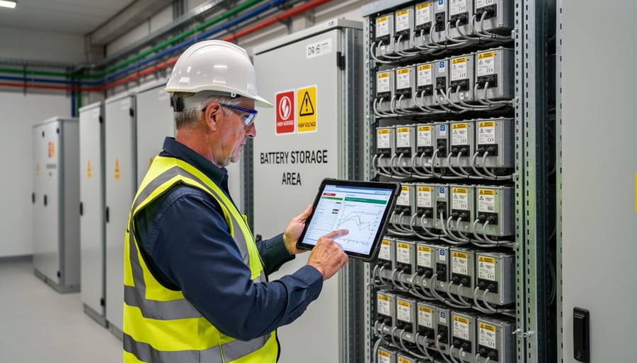 Solar technician inspecting battery storage system during professional installation