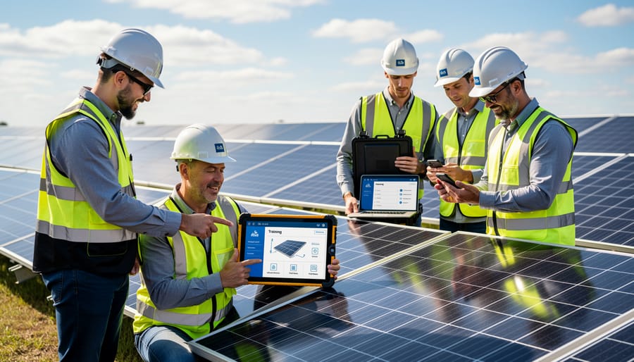 Solar technicians reviewing digital training materials on laptop at solar installation site