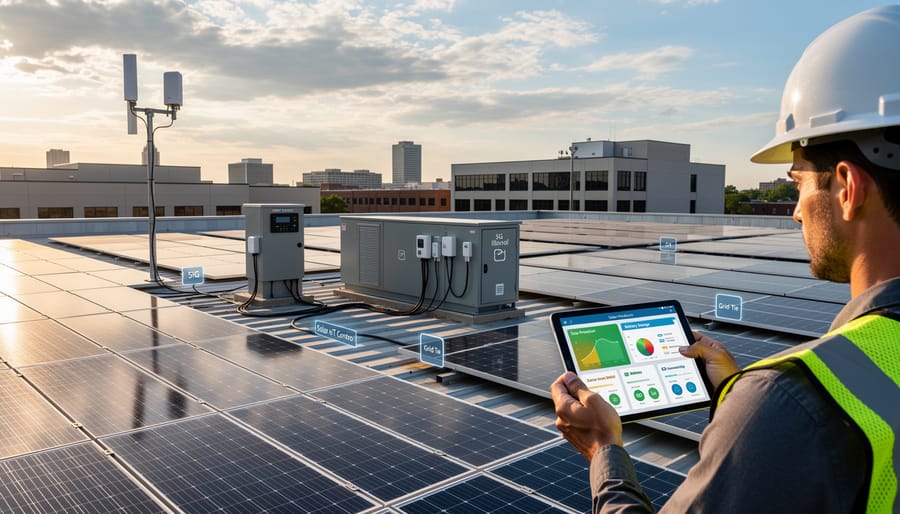 Aerial view of commercial solar panel installation with battery storage and monitoring equipment