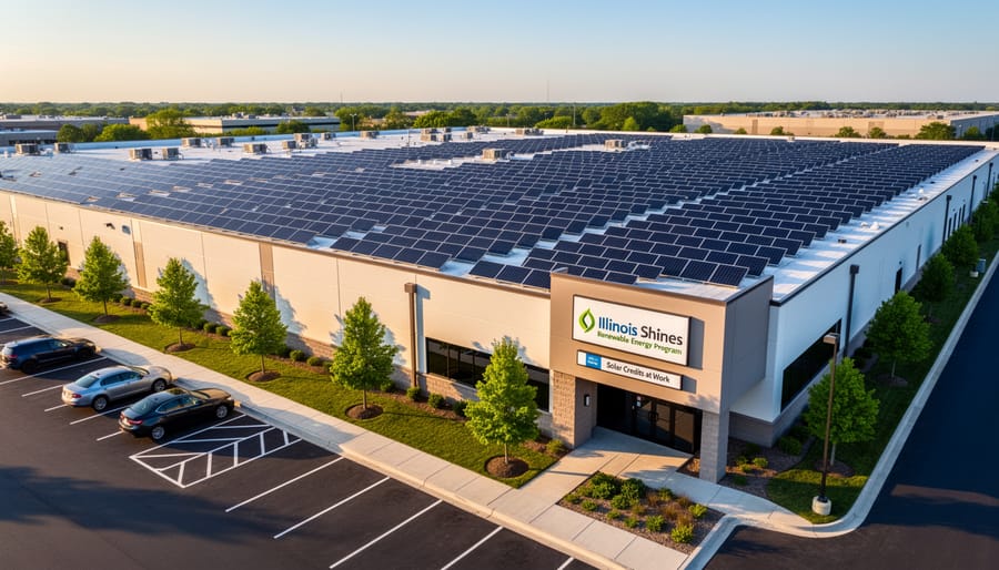 Aerial view of commercial building with large-scale solar panel installation