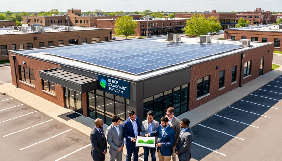 Large-scale commercial solar panel installation on Illinois business rooftop