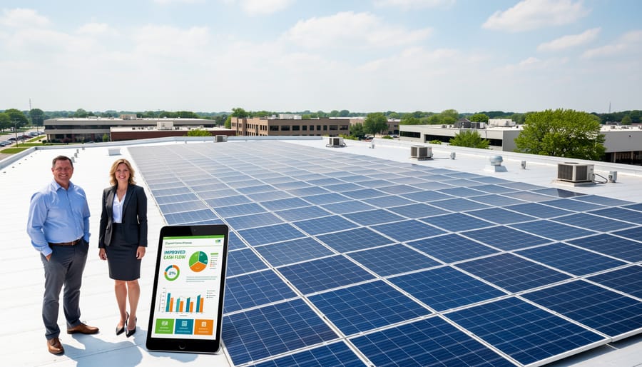 Aerial view of commercial building with large-scale solar panel installation
