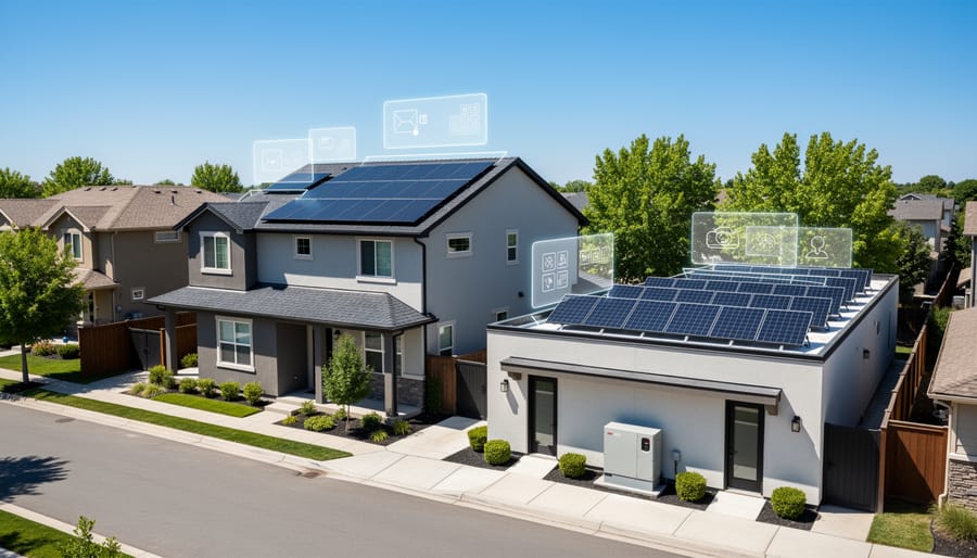 Residential home with solar panel array installed on roof