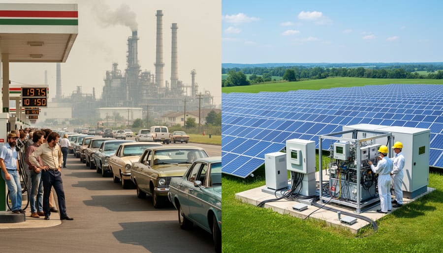 Early solar panel installation on 1970s residential rooftop