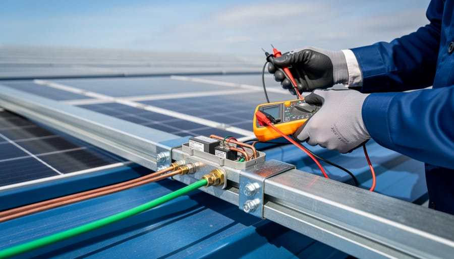 Close-up of hands installing electrical grounding connections on solar panel system