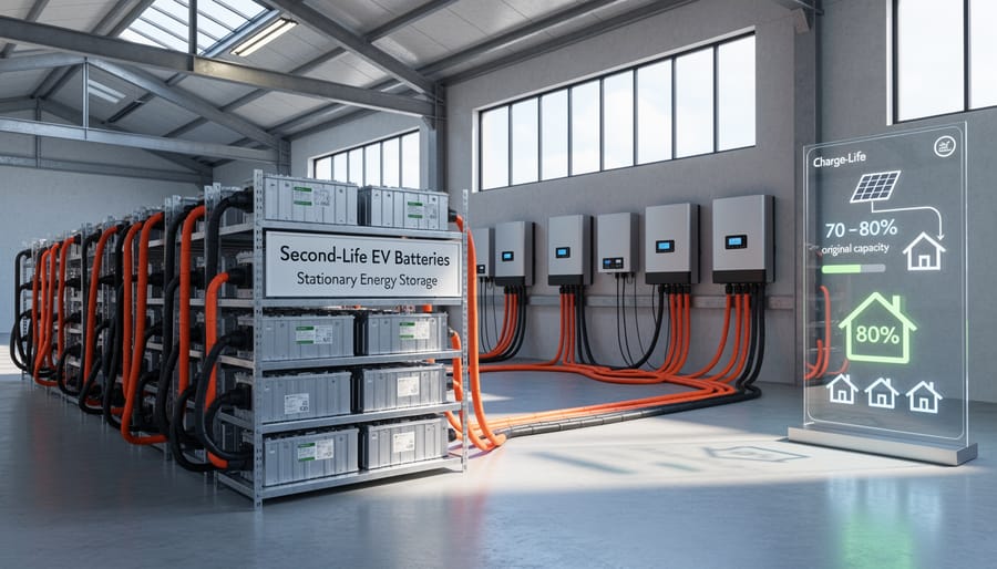 Close-up of electric vehicle lithium-ion battery module showing battery cells and components