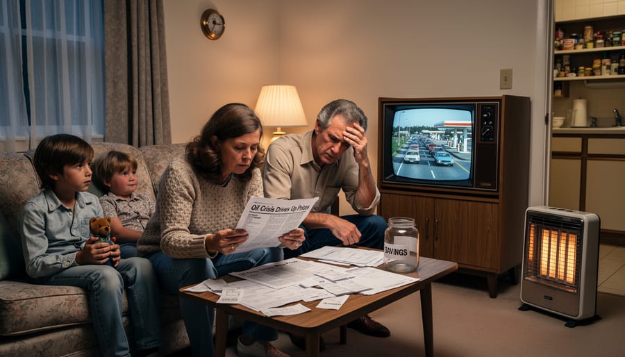 Family reviewing household bills and budget concerns during 1970s economic crisis