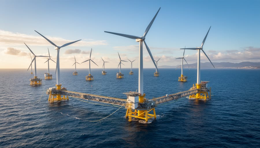 Aerial view of floating offshore wind turbines on ocean platforms