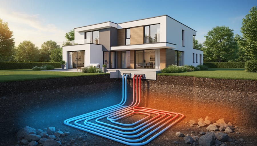 Geothermal heat pump ground loop pipes during installation at residential property