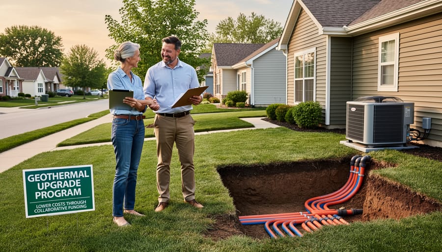 Geothermal system installation showing ground loop pipes being installed at residential property