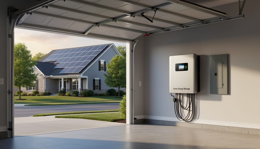 Modern home battery storage system installed in residential garage